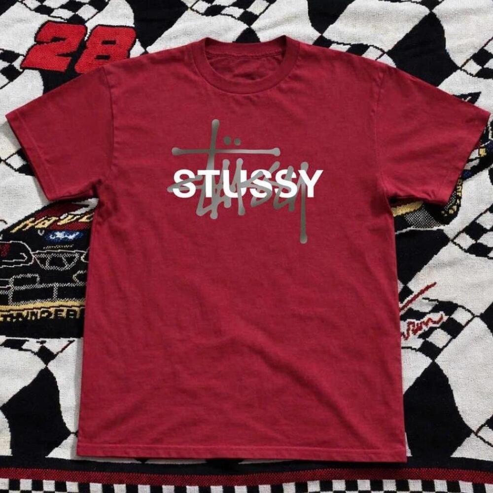 Gildan Men Maroon T-Shirt, Stussy Maroon & White Tee